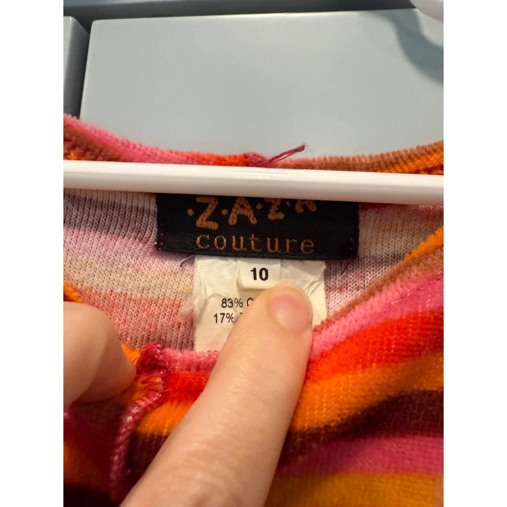 ZaZa Couture Girls Striped retro autumn shag Dress Floral Trim Size 10 velour